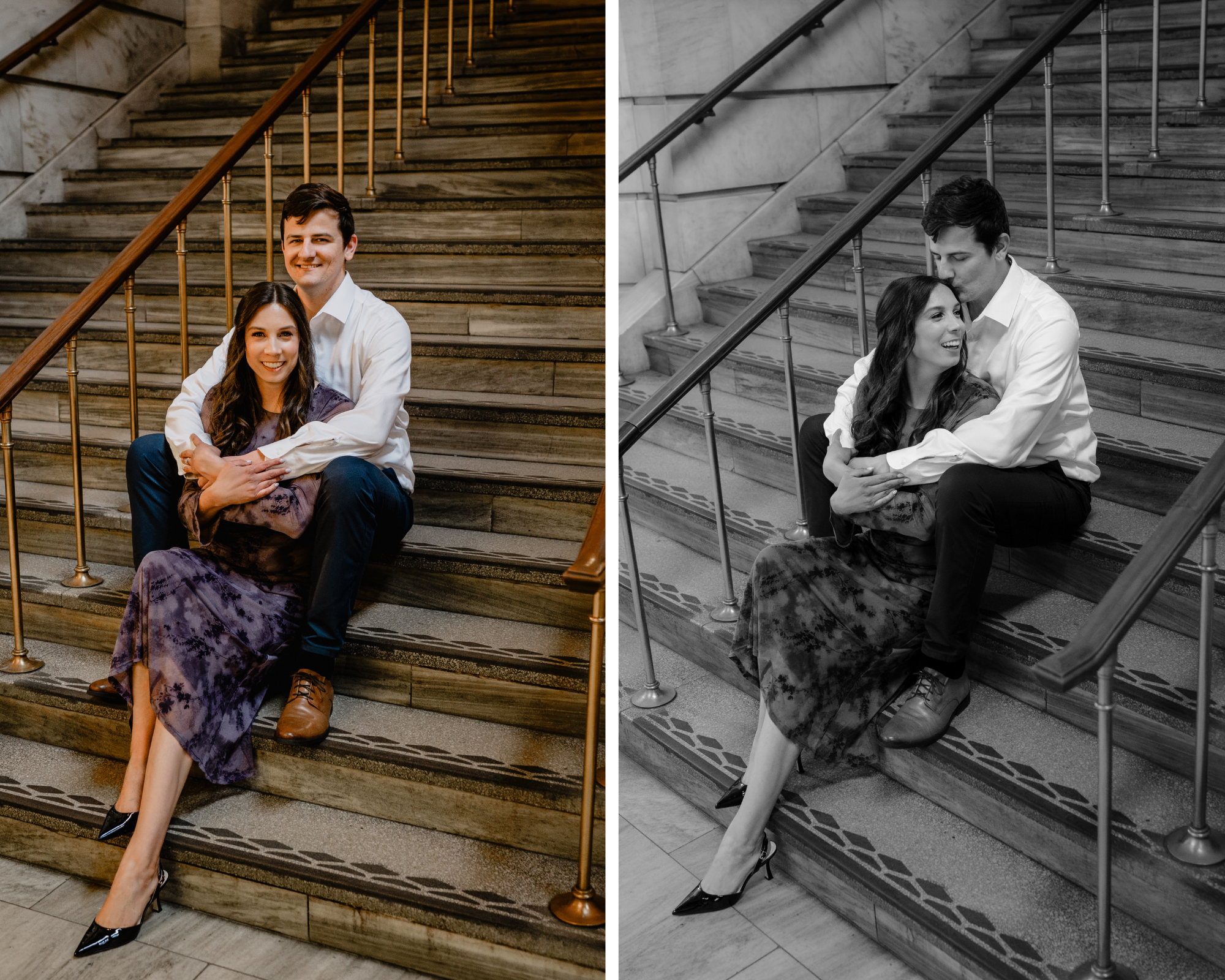 Couple sitting down the stairs at their Engagement Session at New York Public Library.