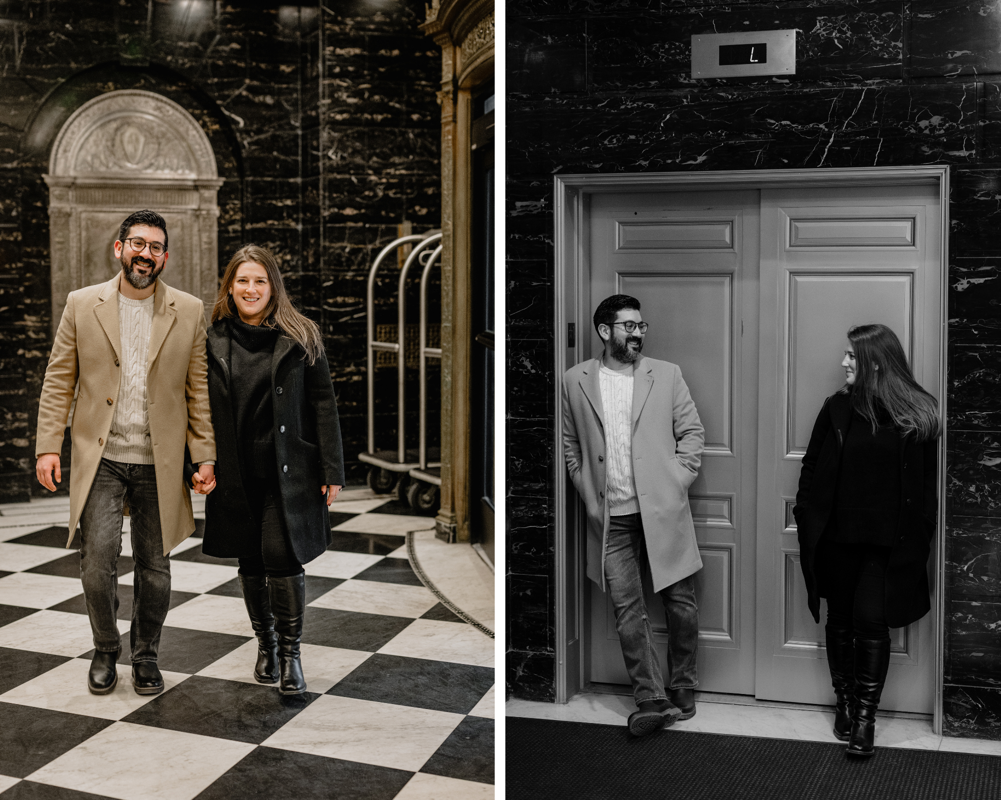 Couple walking by the hallway at their Jersey City rooftop engagement session
