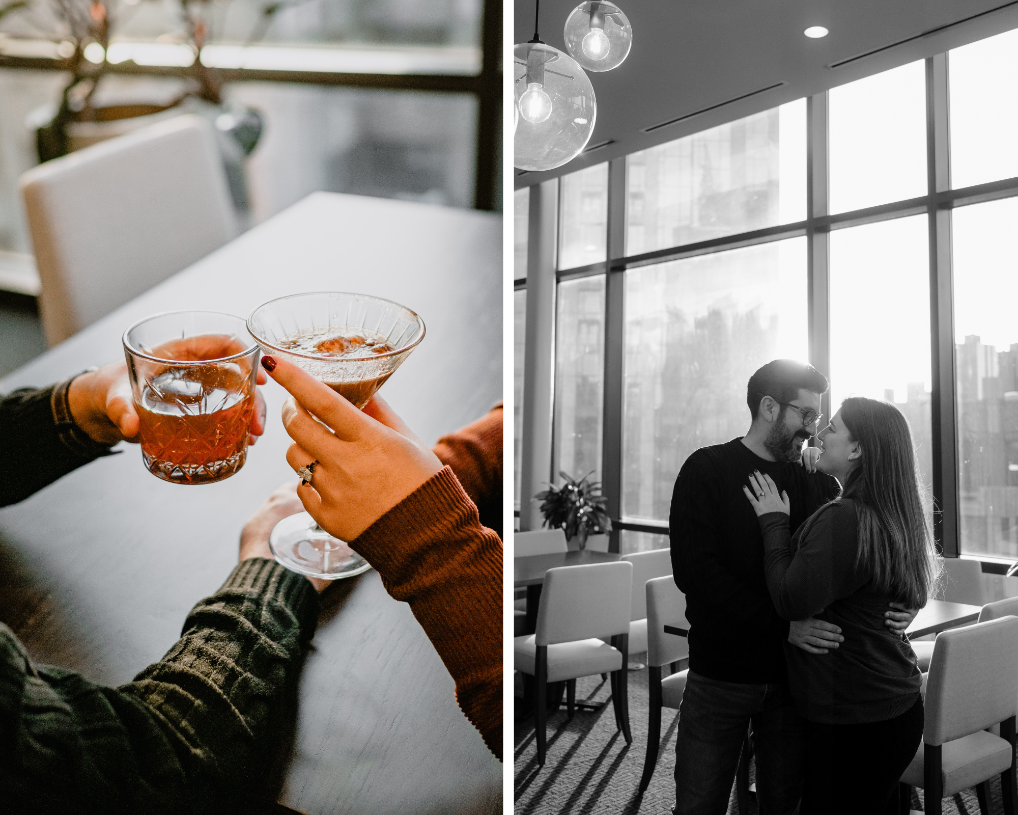 Couple having drinks at their Jersey City rooftop engagement session